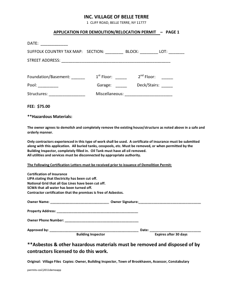 First page of the Demolition/Relocation Permit Application