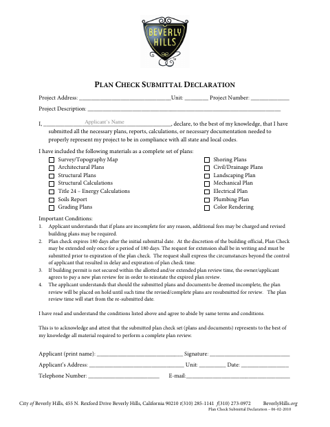 First page of the Plan Check Submittal Declaration