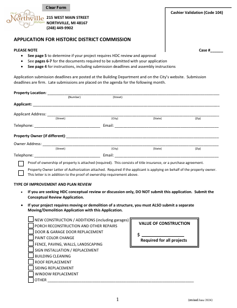 First page of the Historic District Commission Application
