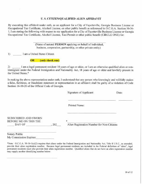 First page of the U.S. Citizen/Qualified Alien Affidavit