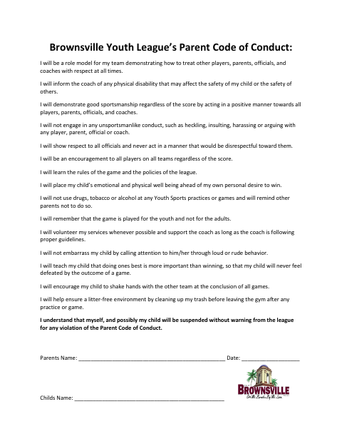 First page of the Youth League Parent Code Of Conduct
