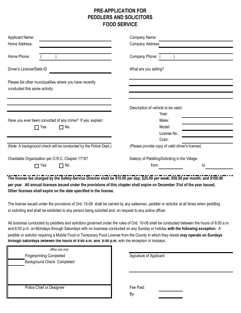 First page of the Pre-Application for Peddlers and Solicitors Food Service
