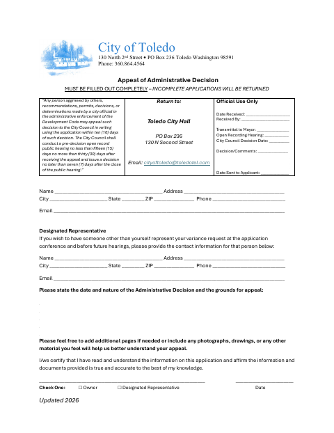First page of the Appeal of Administrative Decision
