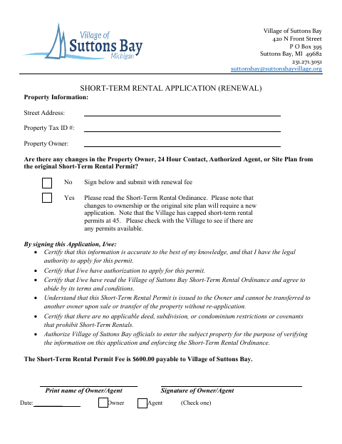 First page of the Short-Term Rental Application (Renewal)