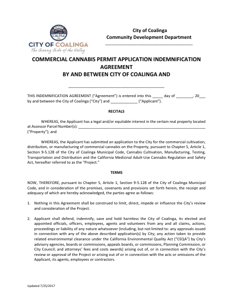 First page of the Commercial Cannabis Permit Application Indemnification Agreement