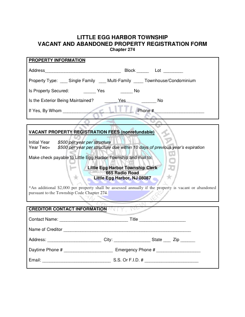 First page of the Vacant And Abandoned Property Registration Form