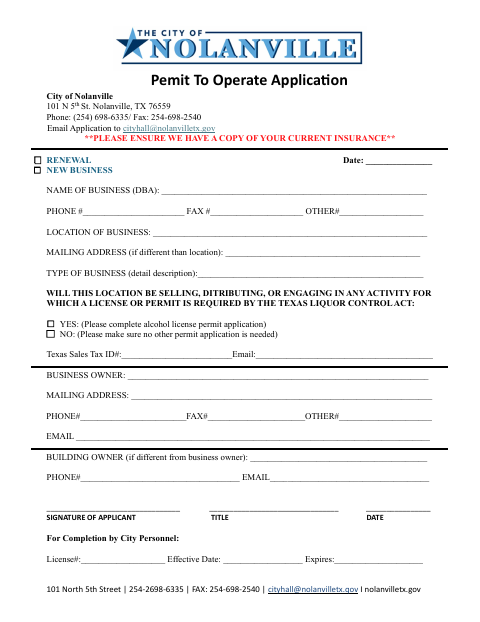 First page of the Permit to Operate Application