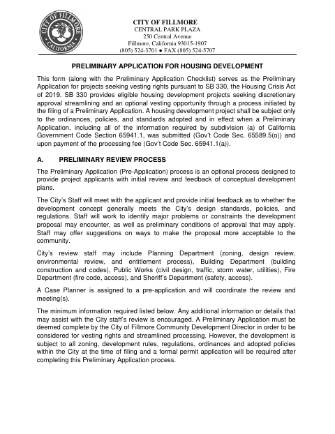 First page of the Preliminary Application for Housing Development