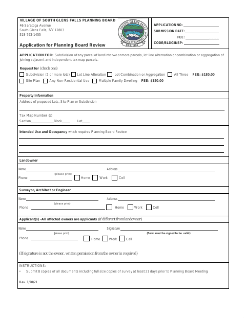 First page of the Application for Planning Board Review