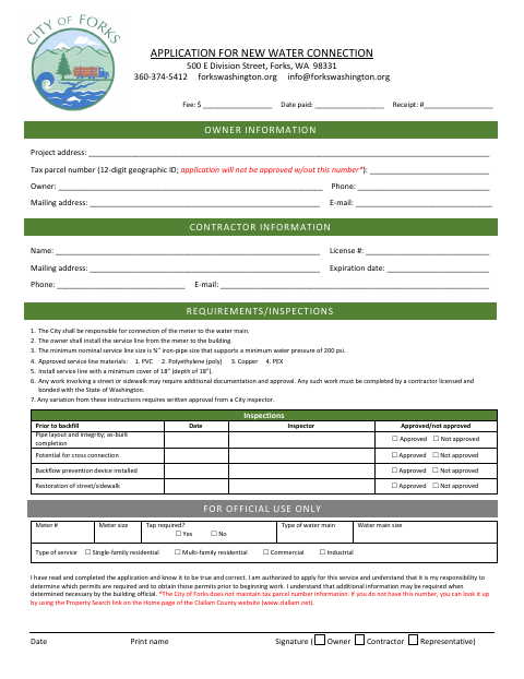 First page of the Application for New Water Connection