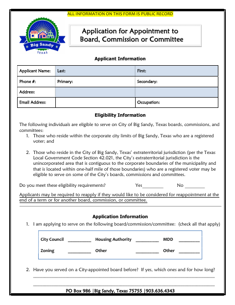 First page of the Application for Appointment to Board, Commission, or Committee