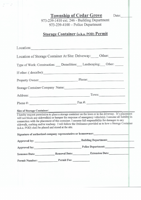 First page of the Storage Container / POD Permit