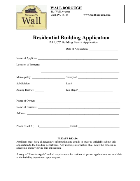 First page of the Residential Building Application (PA UCC Building Permit)