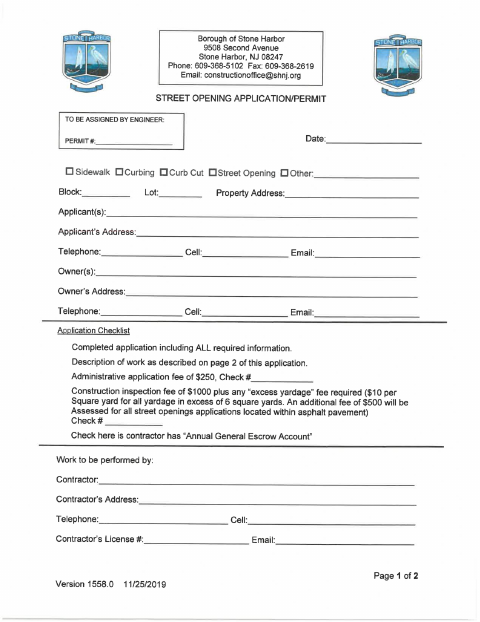 First page of the Street Opening Application