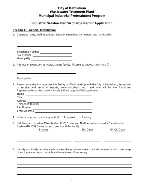 First page of the Industrial Wastewater Discharge Permit Application