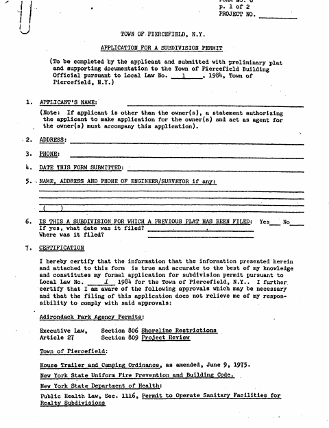 First page of the Application for a Subdivision Permit