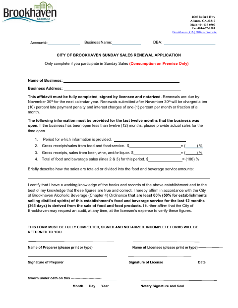 First page of the Sunday Sales Renewal Application