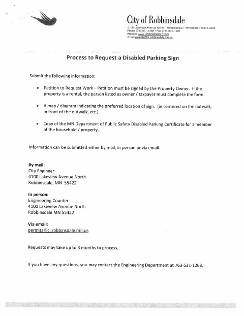First page of the Petition to Request Work for a Disabled Parking Sign
