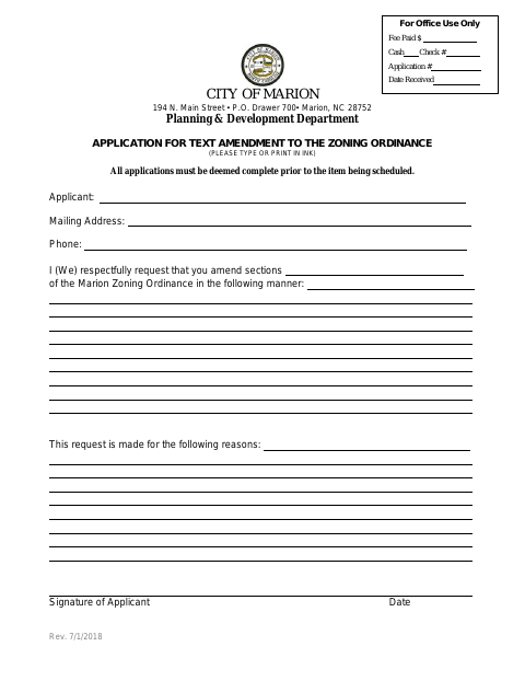 First page of the Application for Text Amendment to the Zoning Ordinance