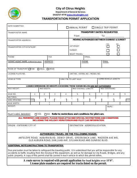 First page of the Transportation Permit Application