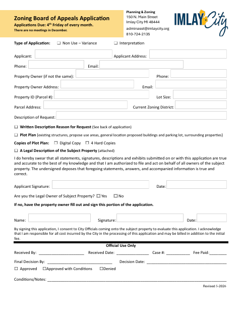 First page of the Zoning Board of Appeals Application