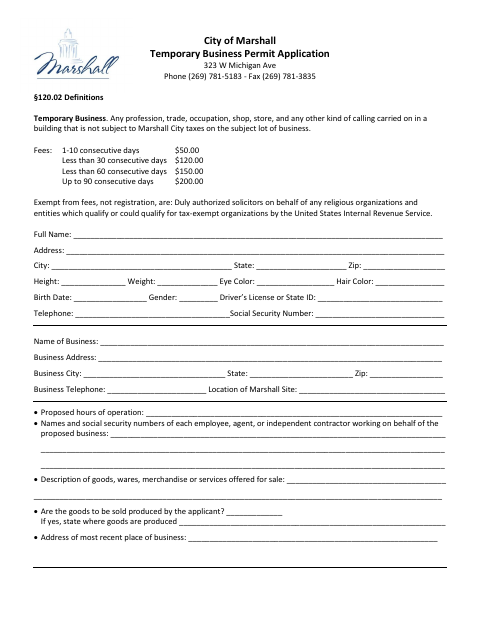 First page of the Temporary Business Permit Application