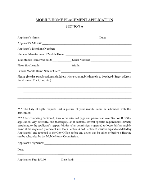 First page of the Mobile Home Placement Application