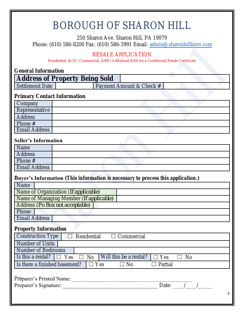 First page of the Resale Application