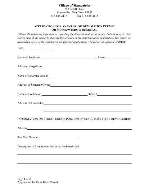 First page of the Application for an Interior Demolition Permit or Siding/Window Removal