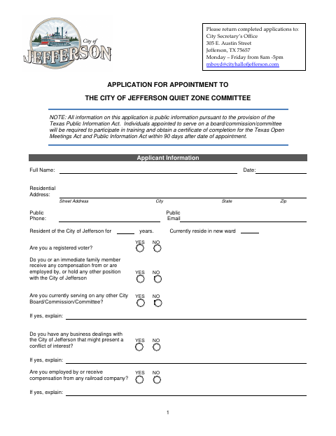First page of the Application for Appointment to the Quiet Zone Committee