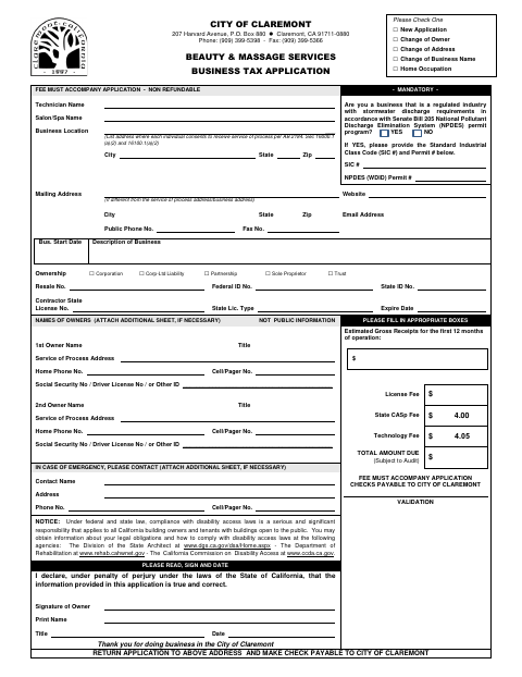 First page of the Beauty & Massage Services Business Tax Application