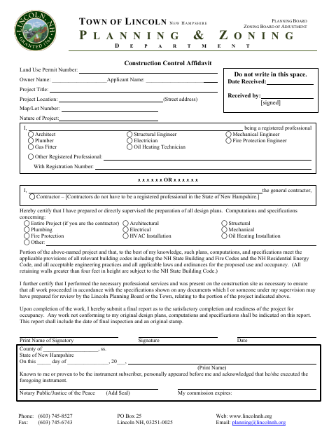 First page of the Construction Control Affidavit