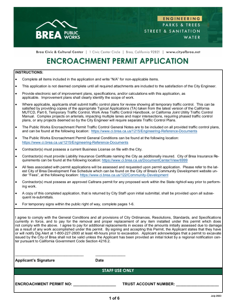 First page of the Encroachment Permit Application