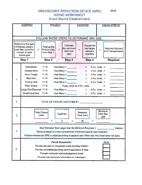 First page of the FOG Non-Food Sizing Worksheet