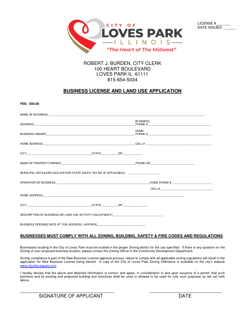 First page of the Business License and Land Use Application
