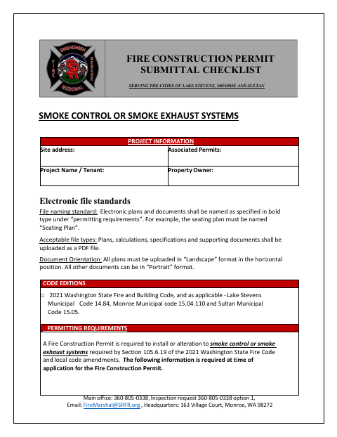 First page of the Smoke Control or Smoke Exhaust Systems Submittal Checklist