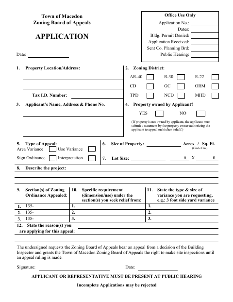 First page of the Zoning Board of Appeals Application