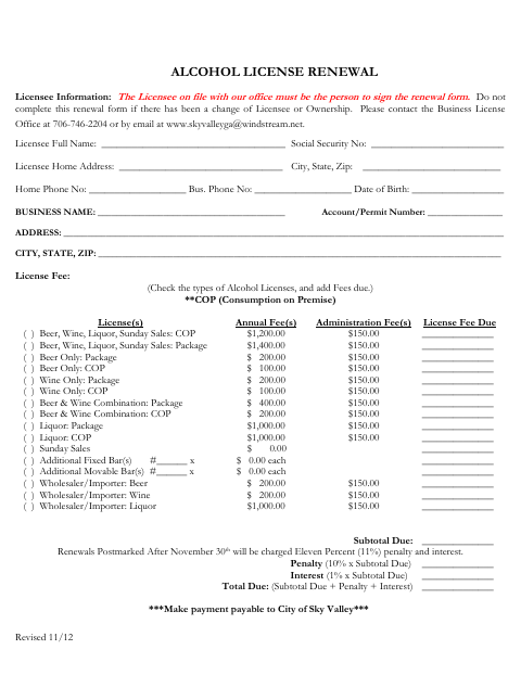 First page of the Alcohol License Renewal