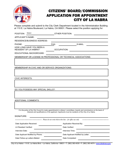 First page of the Citizens’ Board/Commission Application for Appointment