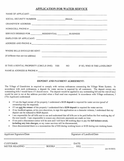 First page of the Application for Water Service