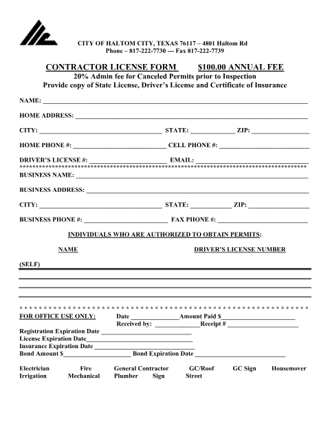 First page of the Contractor License Form