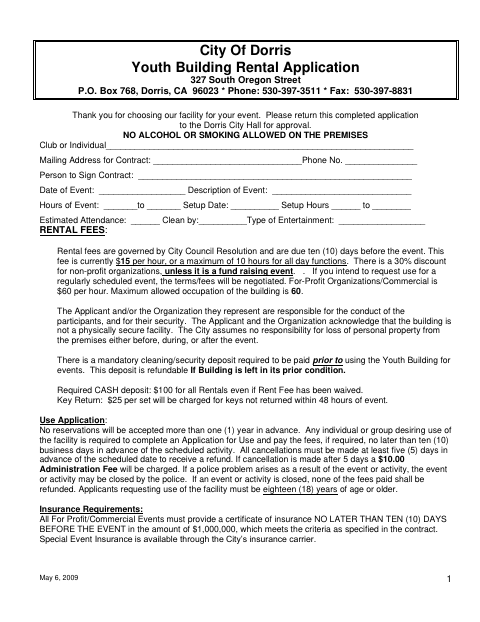 First page of the Youth Building Rental Application