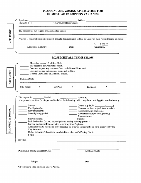 First page of the Homestead Exemption Variance Application