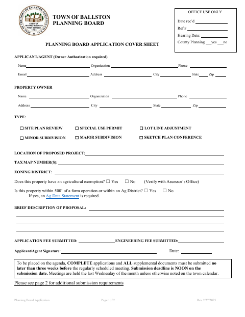 First page of the Planning Board Application Cover Sheet