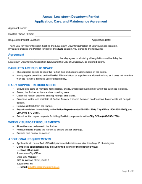 First page of the Annual Downtown Parklet Application, Care, and Maintenance Agreement