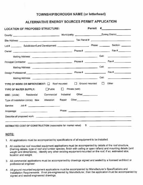 First page of the Alternative Energy Sources Permit Application