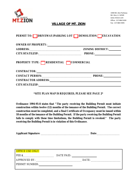 First page of the Driveway/Parking Lot Demolition Excavation Permit