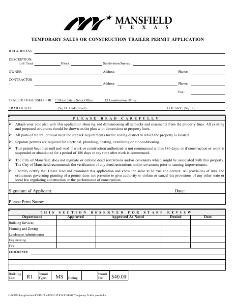 First page of the Temporary Sales or Construction Trailer Permit Application