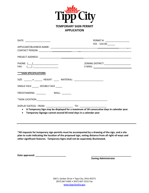 First page of the Temporary Sign Permit Application