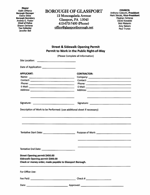 First page of the Street & Sidewalk Opening Permit